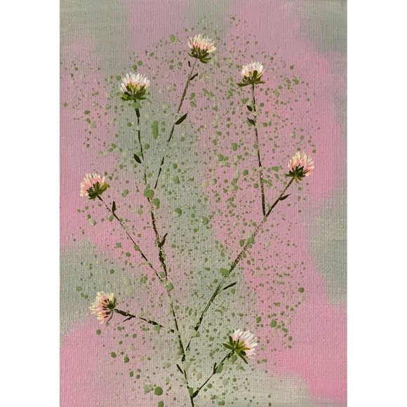 Pink Clover Acrylic Painting, 5 x 7, Artist Signed - Picture 1 of 1